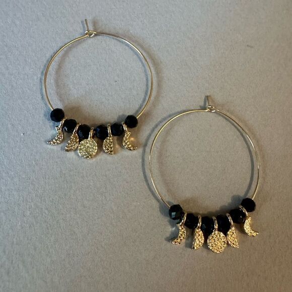 Gold and Black Hoop Earrings with Moon Charms A1522 - Picture 3 of 3